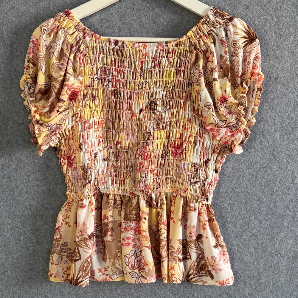NEW No Comment Multicolor Floral Smocked Blouse L - Picture 2 of 11